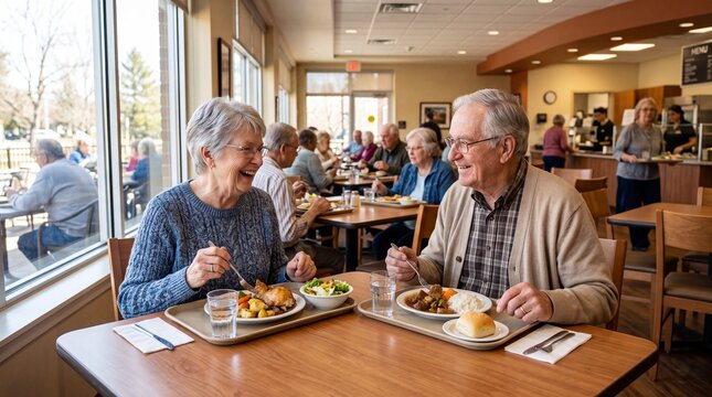 Shared Meal of Life: An affectionate senior couple shares a delightful meal in a light-filled dining hall, surrounded by friends. Capturing connection, conversation and a vibrant community.