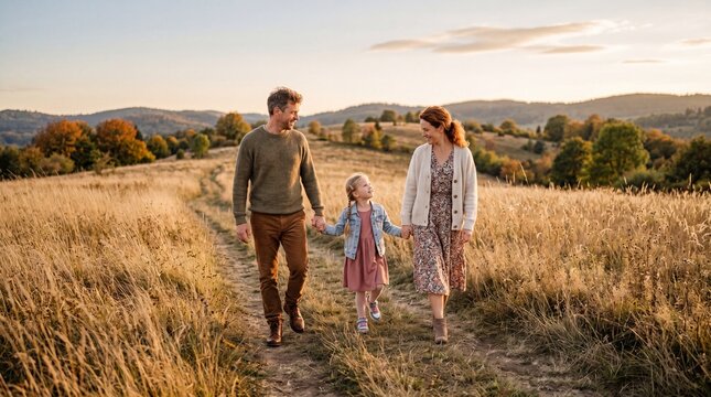 Family's Scenic Stroll: A loving family walks along a winding path through a golden field, under the warm glow of the setting sun, their happiness and connection evident in every step.