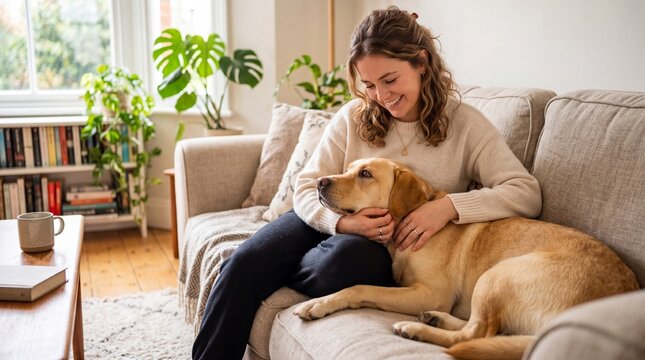 A Moment of Calm: A woman tenderly strokes her loyal canine companion, their bond of affection evident as they relax on a cozy sofa, surrounded by the comforts of home.