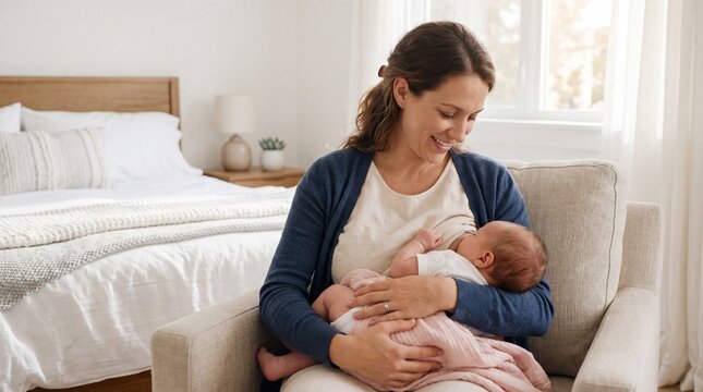 A peaceful and intimate moment of a loving mother breastfeeding her newborn baby while sitting in a comfortable armchair in a bright, cozy white bedroom