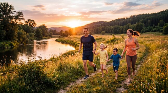 Family Joyful Jog: A cheerful family enjoys a refreshing jog along a scenic path beside a tranquil river, embracing the golden light of sunset and the embrace of nature.