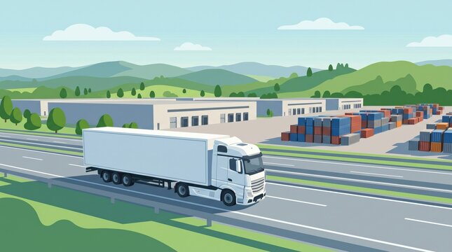 White Semi Truck Driving on Highway Past Logistics Warehouse and Shipping Container Yard