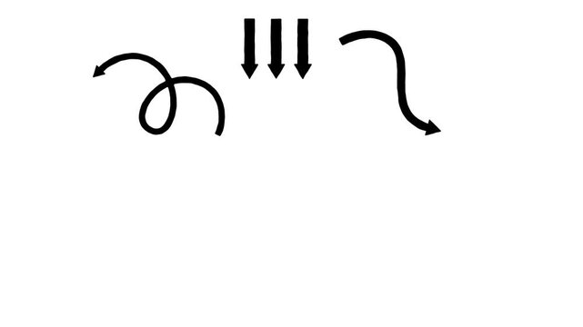 Set of animated black arrows on a white background pointing in different directions in a dynamic motion graphic.
