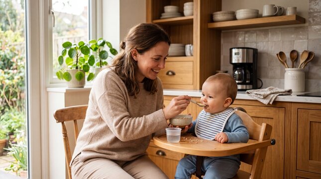 A happy young mother feeding her cute baby with a spoon in a cozy, sunlit kitchen