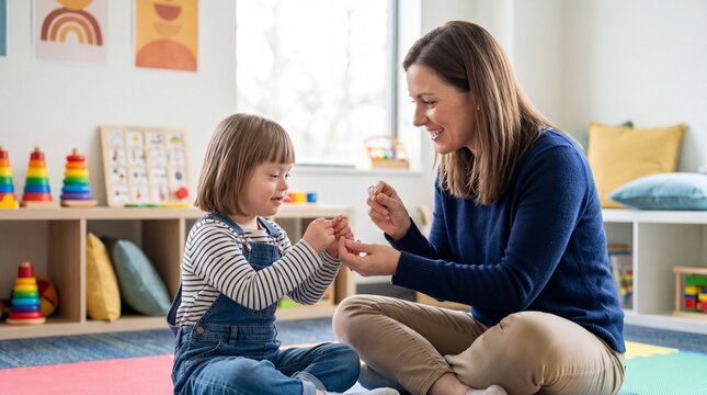 A smiling special education teacher or therapist teaching sign language to a happy young boy with Down syndrome