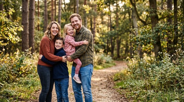 Family Portrait in the Woods: A cheerful family stands embraced in a sun-dappled forest, radiating warmth and happiness amid the natural beauty of the wooded landscape.