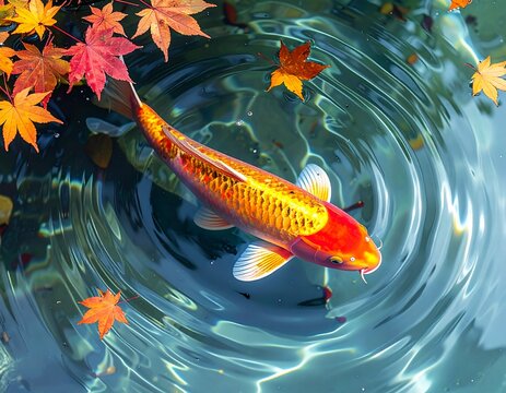 澄んだ池を優雅に泳ぐ錦鯉と水面の波紋の俯瞰写真