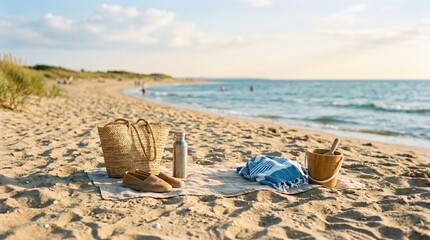 Obraz premium Beach Picnic Setup with Straw Bag and Towel on Sandy Shore at Sunset