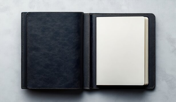 open blank notepad in dark leather folio on pale textured surface, minimalist calm and ready for writing