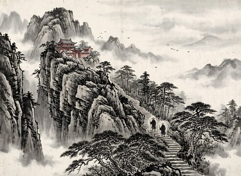 Chinese ink wash landscape painting, remote Buddhist temple perched on mountain cliff, stone steps winding up through pine forest, monks silhouetted on pathway.