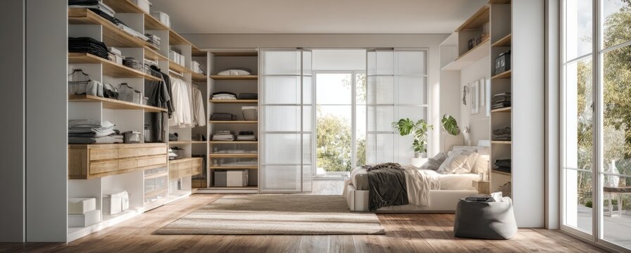 Modern white wardrobe with light wood accents and built-in storage solutions in a bright contemporary bedroom