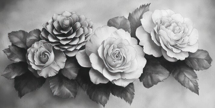 Monochrome pencil drawing of four blooming roses with layered petals, textured leaves, and a soft blurred background, evoking serene elegant tranquility