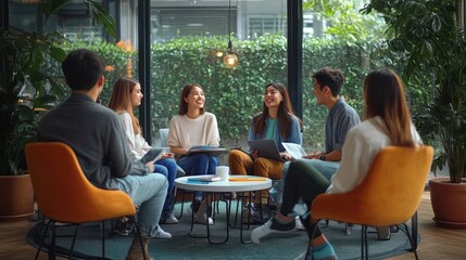 Obraz premium Six young adults sitting in a circle in a bright plant-filled lounge, engaged and relaxed during a collaborative meeting with laptops, notebooks and coffee on a round table