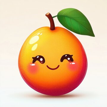 round glossy smiling orange fruit with rosy cheeks, big cartoon eyes, green leaf on stem and cheerful playful expression on a clean white background