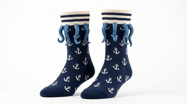 Creative Octopus Tentacle Design Navy Blue Anker Pattern Ankle Socks With Striped Cuffs