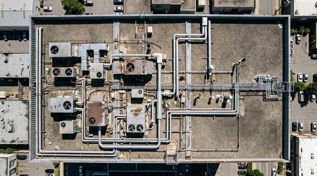 Aerial view of an industrial building's rooftop with HVAC units and piping, showcasing urban infrastructure and mechanical systems