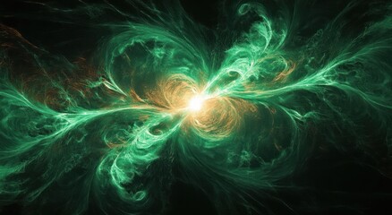 Fototapeta premium radiant green energy burst with swirling filament tendrils and bright central core against a dark background, dynamic and mysterious
