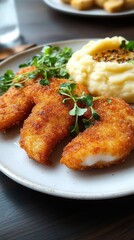 Fototapeta premium Crispy golden breaded fillets with creamy mashed potatoes topped with butter and cracked pepper, fresh microgreen garnish on a white plate — warm comforting meal