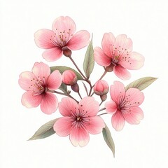 Fototapeta premium delicate pink blossom bouquet with open flowers, buds, soft green leaves and slender stems on white background, evoking gentle serenity and romance