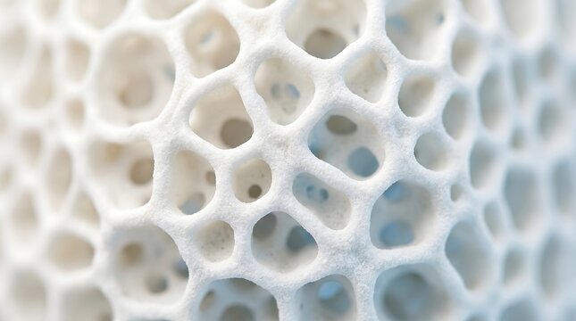 Abstract macro photograph of porous bone structure, showing intricate cellular and skeletal details with soft lighting