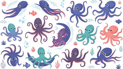 Obraz premium Cute Cartoon Octopus Collection with Colorful Marine Characters, Coral Elements, and Playful Underwater Animals in Different Poses for Kids Illustration and Ocean Design.