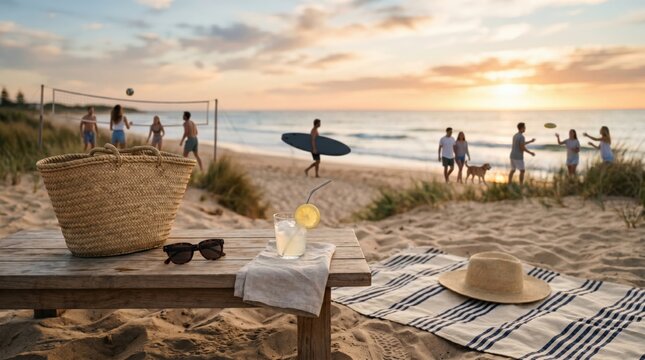 Relaxed Beach Picnic Setup at Sunset with People Playing Volleyball and Surfing in Background