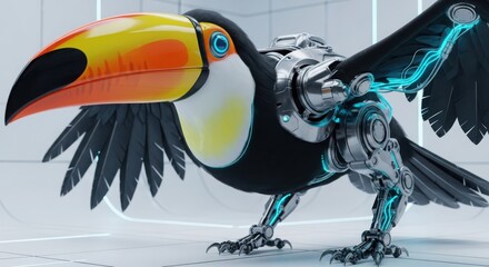 Naklejka premium futuristic cyber toucan with neon circuit wings perched on digital platform in sci-fi environment