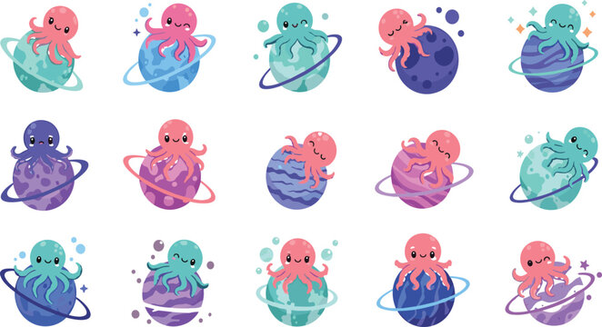 Cute Cartoon Octopus on Planets Collection with Kawaii Space Theme, Colorful Galaxy Elements, and Adorable Cosmic Characters for Kids Illustration and Creative Design Projects.