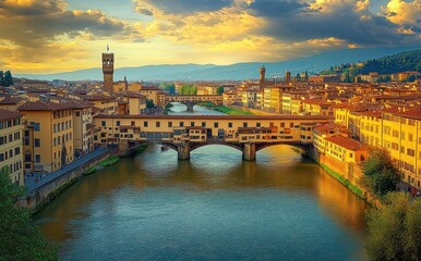 Obraz premium historic stone bridge lined with small shops over a calm river, terracotta rooftop cityscape with a tall tower under a golden dramatic sunset, warm nostalgic mood