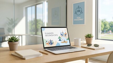 Fototapeta premium Modern Office Desk with Laptop Displaying Summer Workshop Corporate Training Program Concept