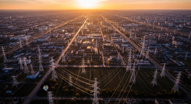 Golden Hour Industrial Landscape Energy Grid  Urban Sprawl Aerial Vista Power Transmission Towers Cityscape at Dusk Sustainable Development  Infrastructure Scenery