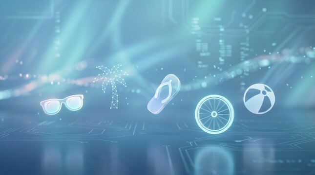 Digital Summer Vacation Icons with Circuit Board Background Technology Concept