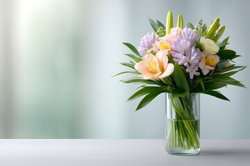 Fototapeta premium Elegant Floral Arrangement in Glass Vase with Pastel Blooms and Fresh Green Foliage