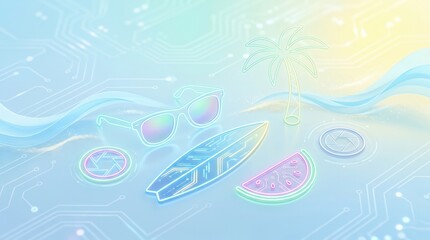 Obraz premium Digital Summer Concept with Neon Surfboard Sunglasses and Tech Circuit Board Background