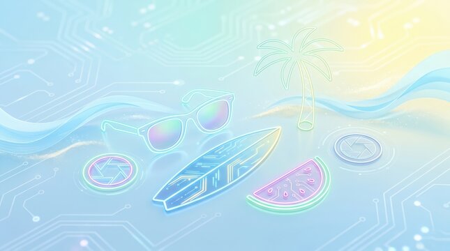 Digital Summer Concept with Neon Surfboard Sunglasses and Tech Circuit Board Background
