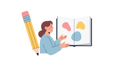 A smiling woman stands beside a giant pencil, gesturing toward an open notebook featuring colorful abstract shapes on its pages. © Violet