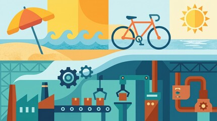 Naklejka premium Industrial Manufacturing and Leisure Lifestyle Concept Illustration
