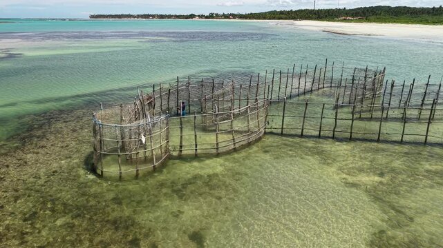 Fish trap fishing is a traditional artisanal technique in which fixed structures take advantage of the movement of the tides to catch fish - Ipioca Beach, Macei&oacute;, Alagoas, Brazil - 