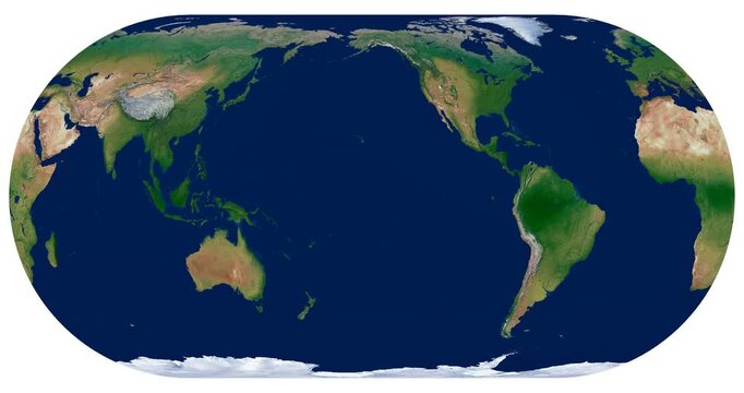 World Map. Eckert IV projection animation with longitude rotation. High detail physical map. Equal-area visualization for statistical use.