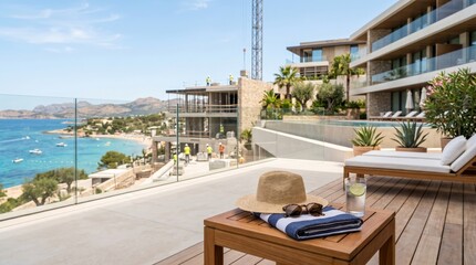 Fototapeta premium Luxury Hotel Terrace Overlooking Mediterranean Bay with Construction Site in Background