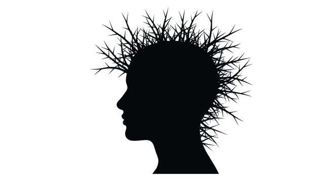 Black silhouette of a human head with sharp thorny branches growing out of the scalp