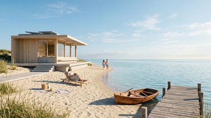 Fototapeta premium Modern Beach House Vacation with Woman Reading and Couple Walking on Sunny Shore