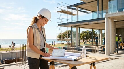 Fototapeta premium Female Architect Reviewing Construction Plans on Tablet at Coastal Building Site