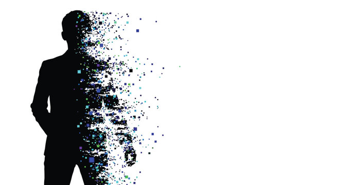 Silhouette of a businessman dissolving into digital data particles on a clean white background scene