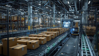 Fototapeta premium Automated Warehouse Conveyor Belt and AMR System Efficiency Concept