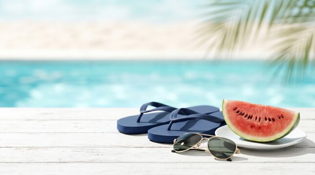 Summer Vacation Poolside Relaxation with Flip Flops Sunglasses and Fresh Watermelon Slice