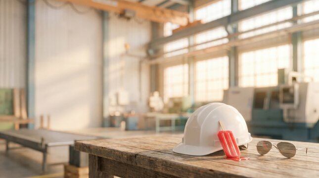 White Hard Hat and Melting Popsicle on Factory Workbench Representing Industrial Heat Stress