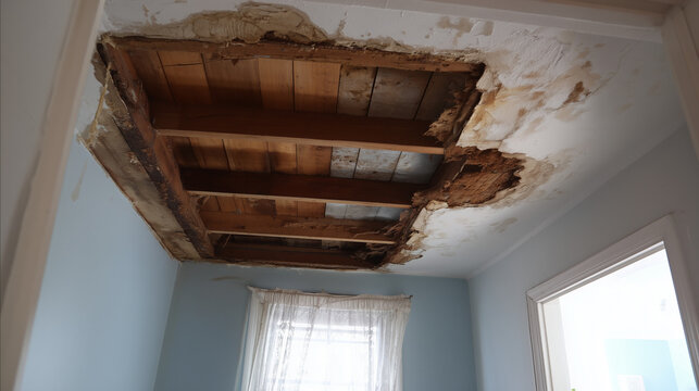 Severely damaged ceiling with exposed wooden beams and broken plaster inside a residential room.