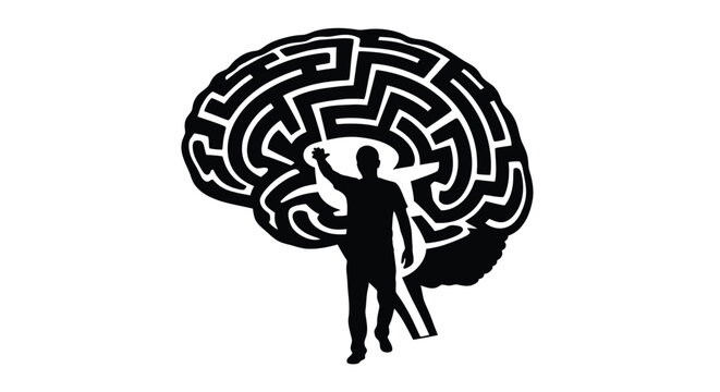 Silhouette of a man standing inside a complex brain maze representing his mental health journey today
