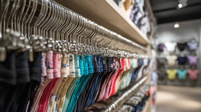 Colorful underwear hanging on metal hangers in a modern lingerie store.